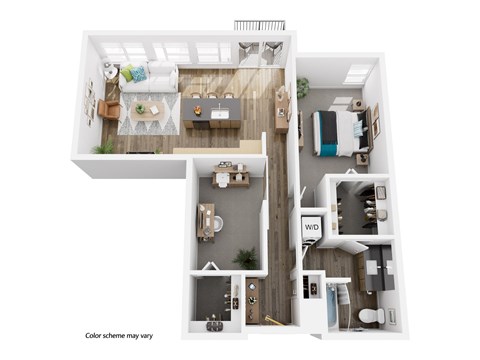 A floor plan of a small apartment with a kitchen, living room, and bedroom.